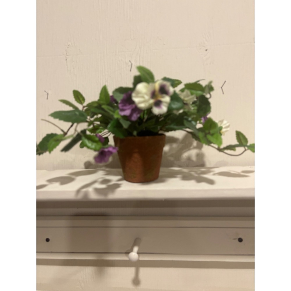 Artificial Pansy Floral Arrangement in Terracotta Pot Purple White Silk Flowers